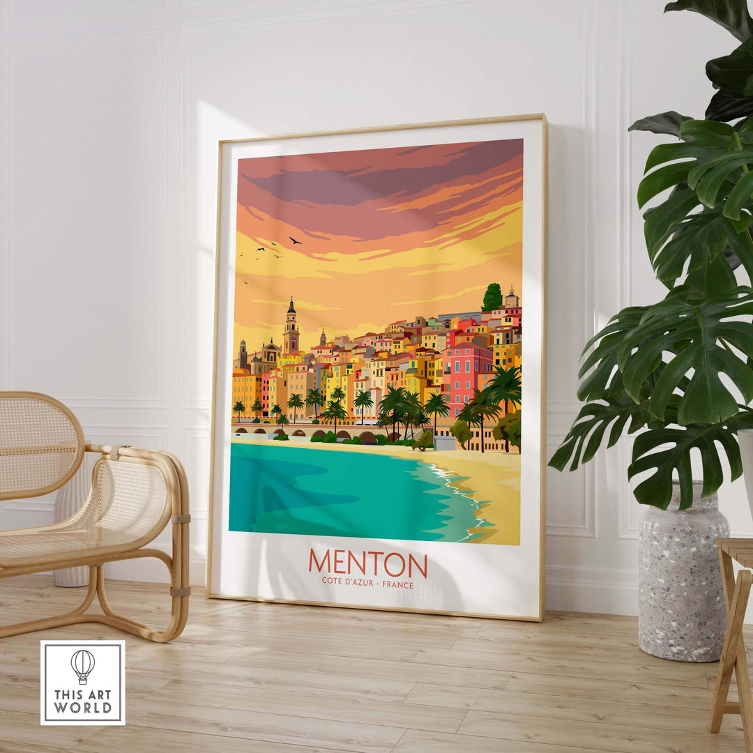 Menton Cote d'Azur poster print in a stylish home setting, showcasing vibrant coastal scenery and vintage travel art.