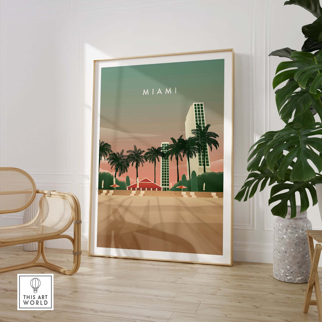 Vintage Miami wall art poster displaying palm trees and skyline, perfect for home decor and travel inspiration.