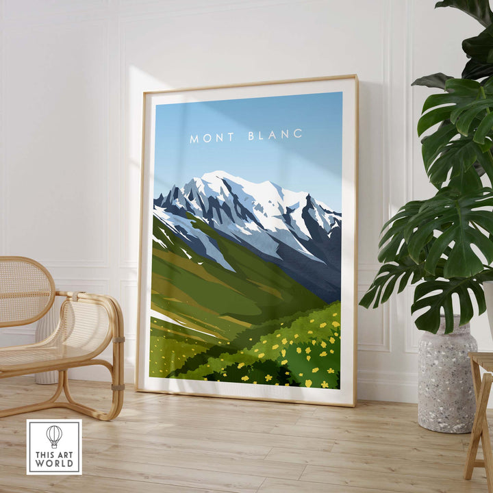 Mont Blanc travel poster print in minimalist style, framed artwork displayed in a stylish interior with greenery.