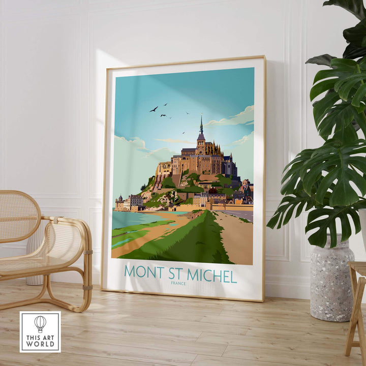 Mont Saint Michel vintage travel print featuring a colorful illustration of the iconic landmark in a stylish home setting.