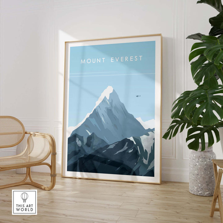 Mount Everest poster in a stylish interior, showcasing the majestic peak and inspiring travel vibes.