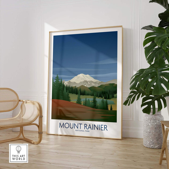 Mount Rainier National Park Art Print displayed in a modern interior with natural decor and minimalist design.