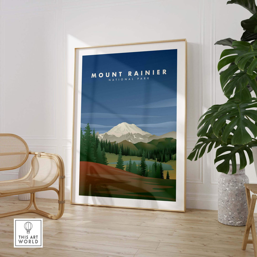 Mount Rainier National Park art poster framed in a stylish room with green plants and modern decor.