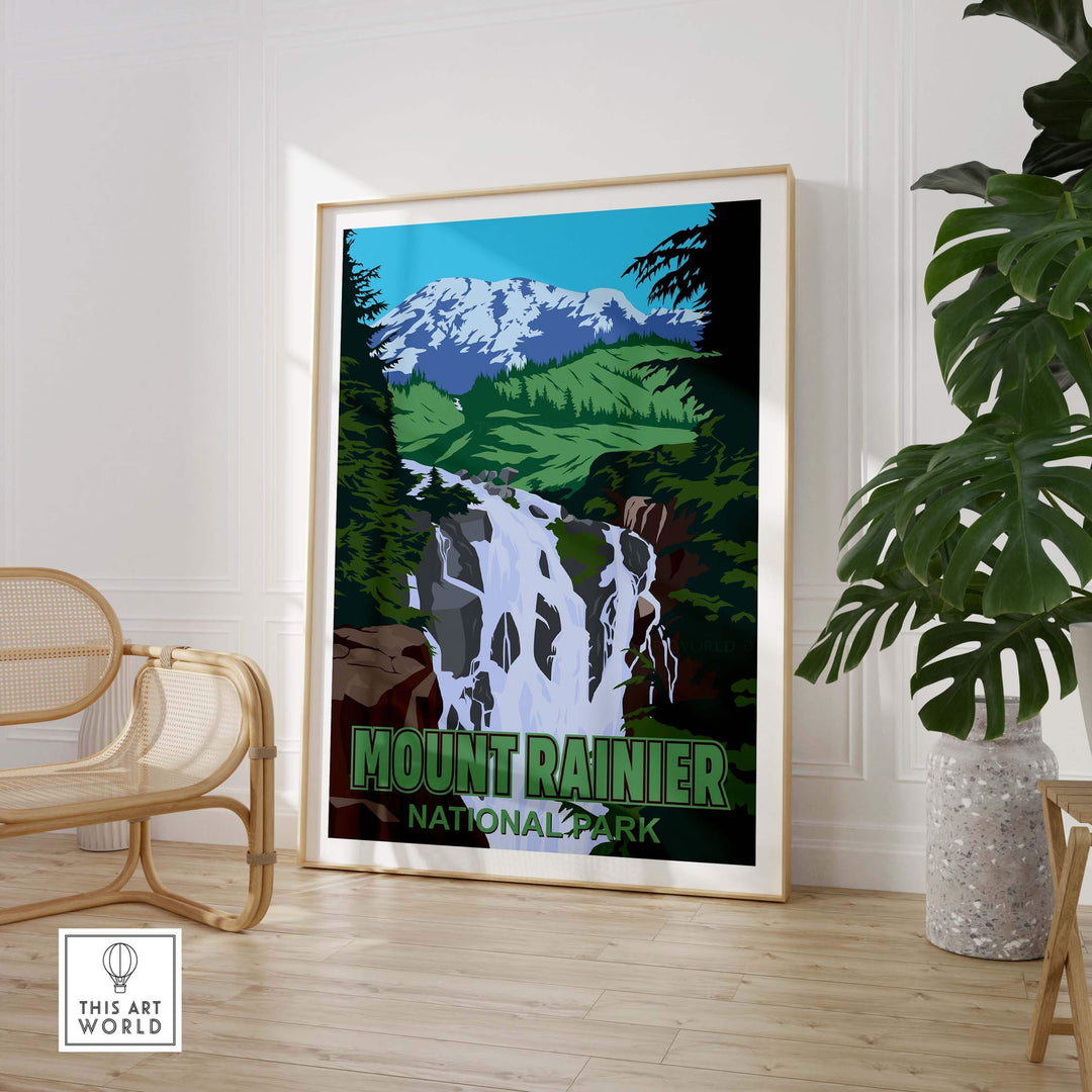 Framed Mount Rainier National Park Print featuring mountains and waterfall, perfect for home or office decor.
