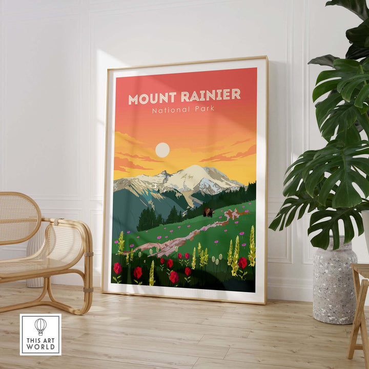 Vintage-inspired Mount Rainier Print displayed in a modern interior, showcasing vibrant colors and nature scenery.