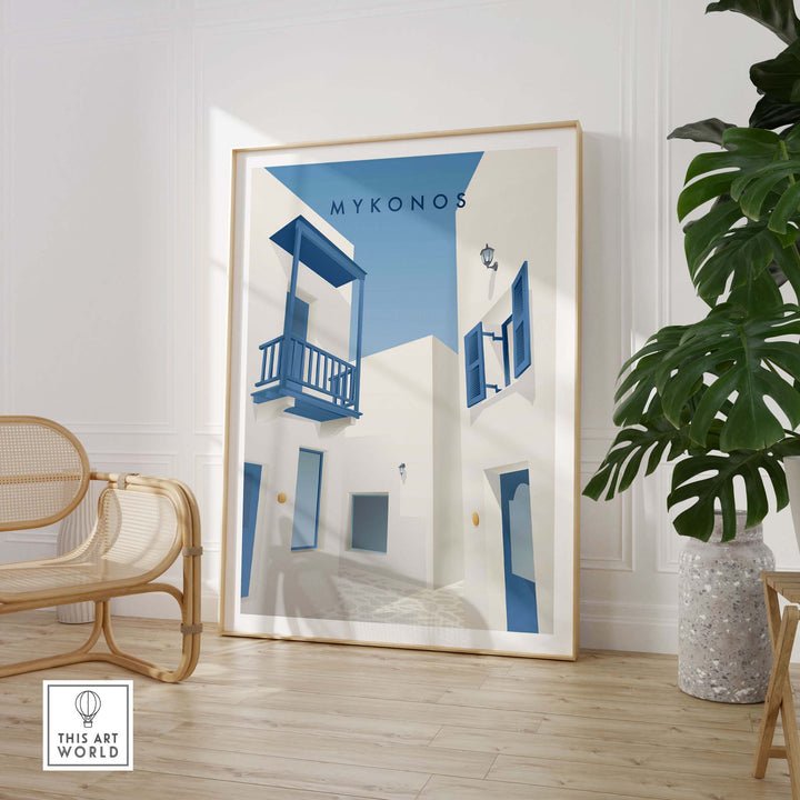 Mykonos Wall Art Poster featuring vintage Greek architecture and blue accents in a stylish interior setting.