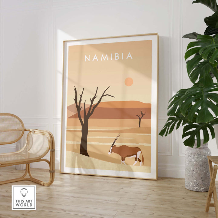Namibia Print Dunes Poster featuring serene landscape and antelope, perfect for stylish home decor.