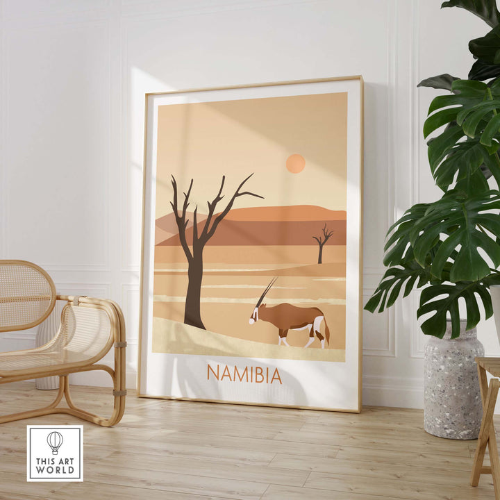 Namibia Travel Poster Print showcasing a stylized desert landscape with antelopes and a sunset.