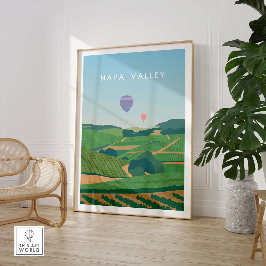 Napa Valley vintage travel poster art showcasing vineyards and hot air balloons in a stylish interior setting.