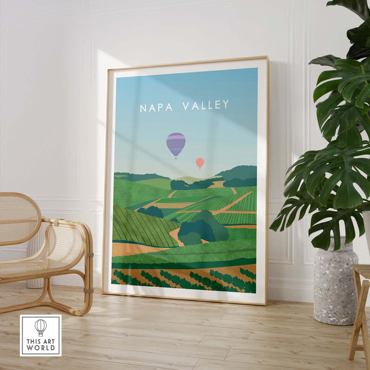 Napa Valley vintage travel poster art showcasing vineyards and hot air balloons in a stylish interior setting.