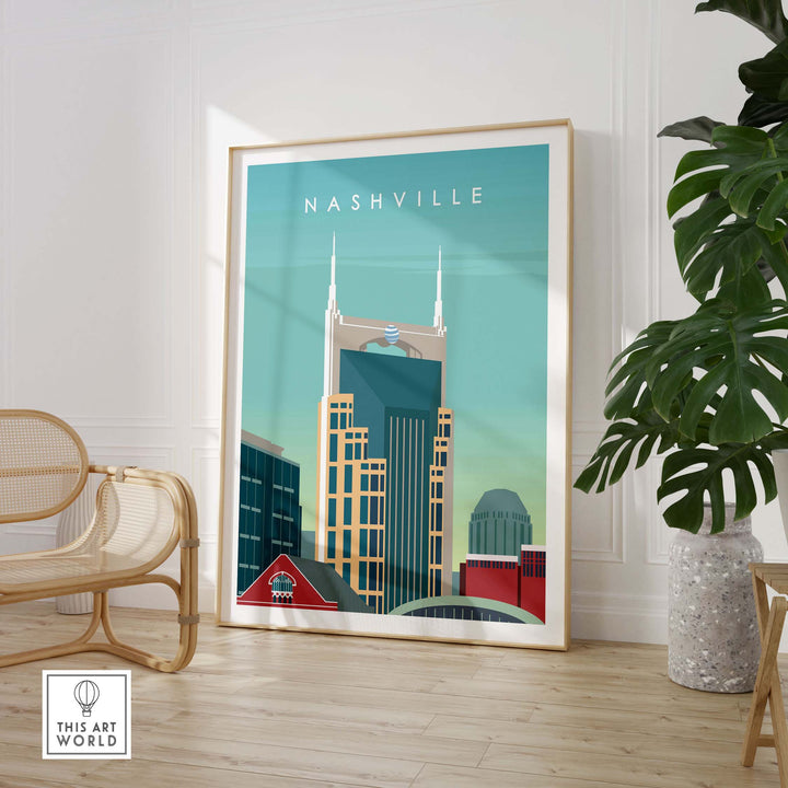 Nashville art print showcasing iconic buildings in a stylish interior setting.
