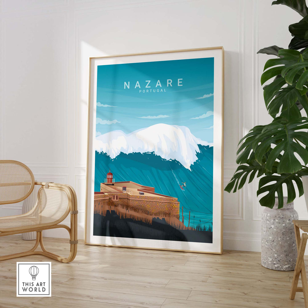 Nazare Travel Poster Print featuring vibrant mountains and architecture, capturing the essence of Portugal's coastal beauty.
