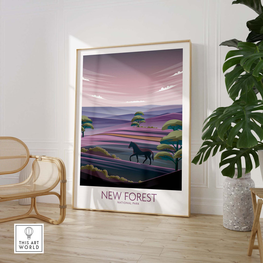 New Forest National Park poster art print, featuring minimalist design with nature and horse elements.