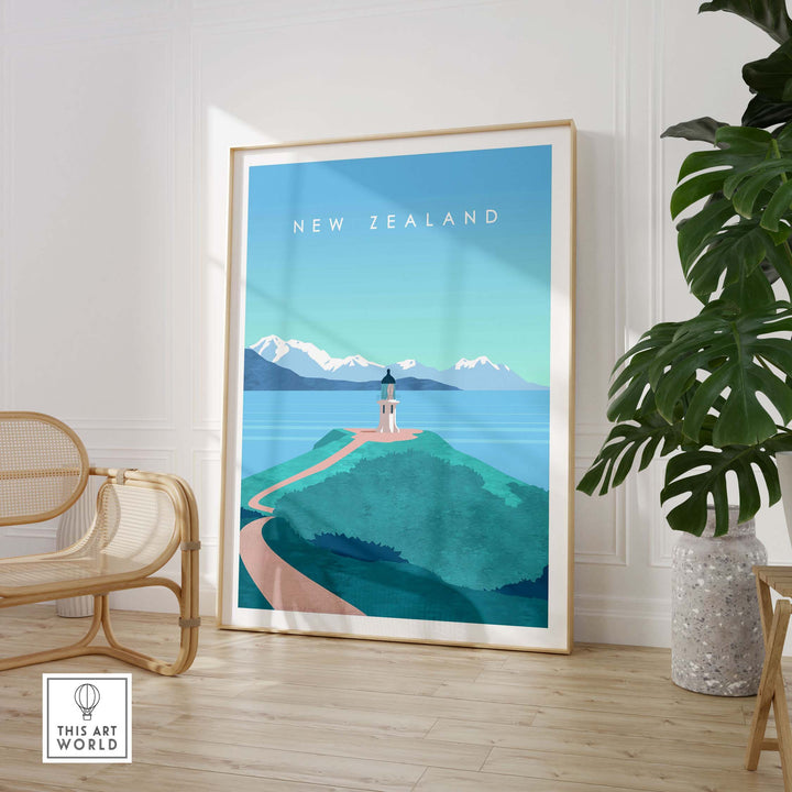 New Zealand Print Wall Art Poster featuring a scenic landscape with mountains and a lighthouse.