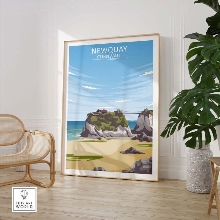Newquay Print Cornwall Poster displayed in a bright room, showcasing vintage travel art and coastal scenery.