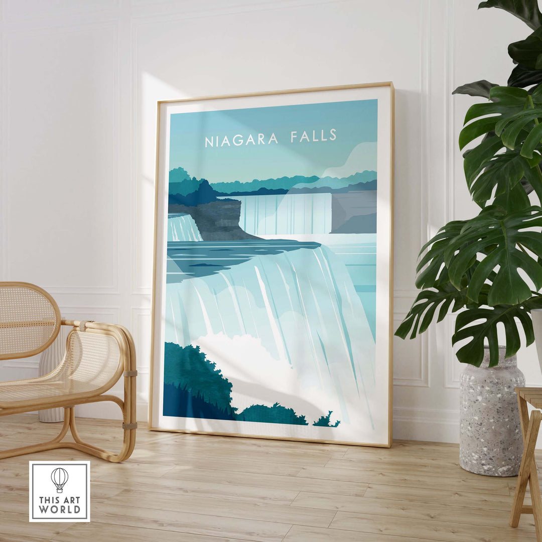 Niagara Falls wall art poster in a framed display, featuring serene blues and greens, perfect for home decor.