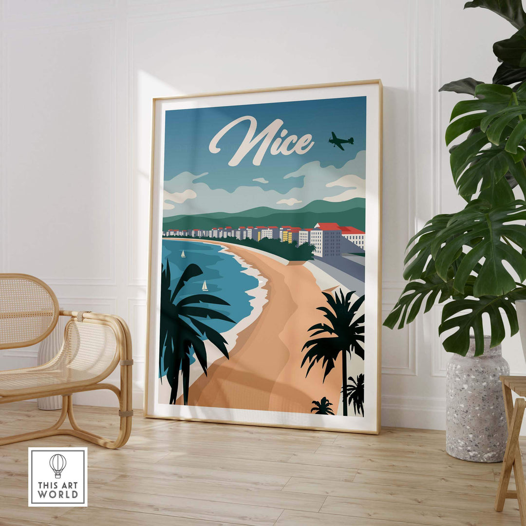 Nice France poster wall art print featuring a beach scene with palm trees and a plane, perfect for travel enthusiasts.