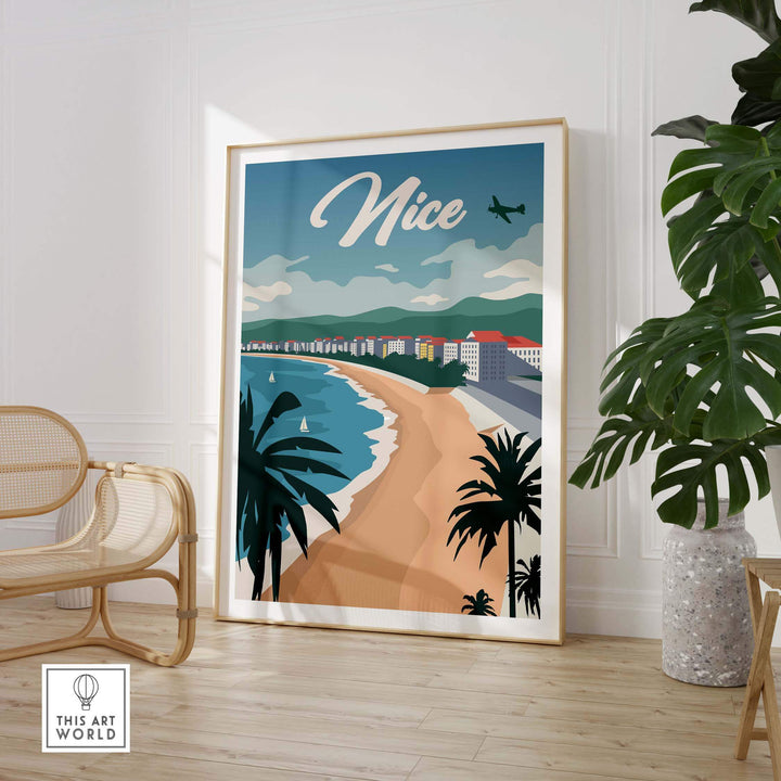 Nice France poster wall art print featuring a beach scene with palm trees and a plane, perfect for travel enthusiasts.