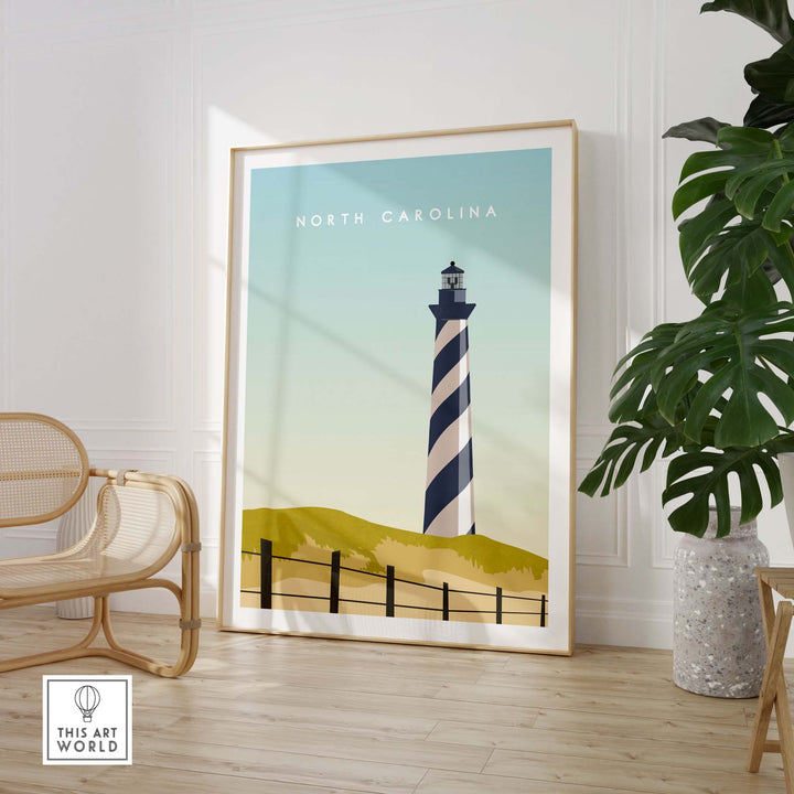 North Carolina travel poster print featuring a lighthouse in minimalist style, perfect for home or office wall art.