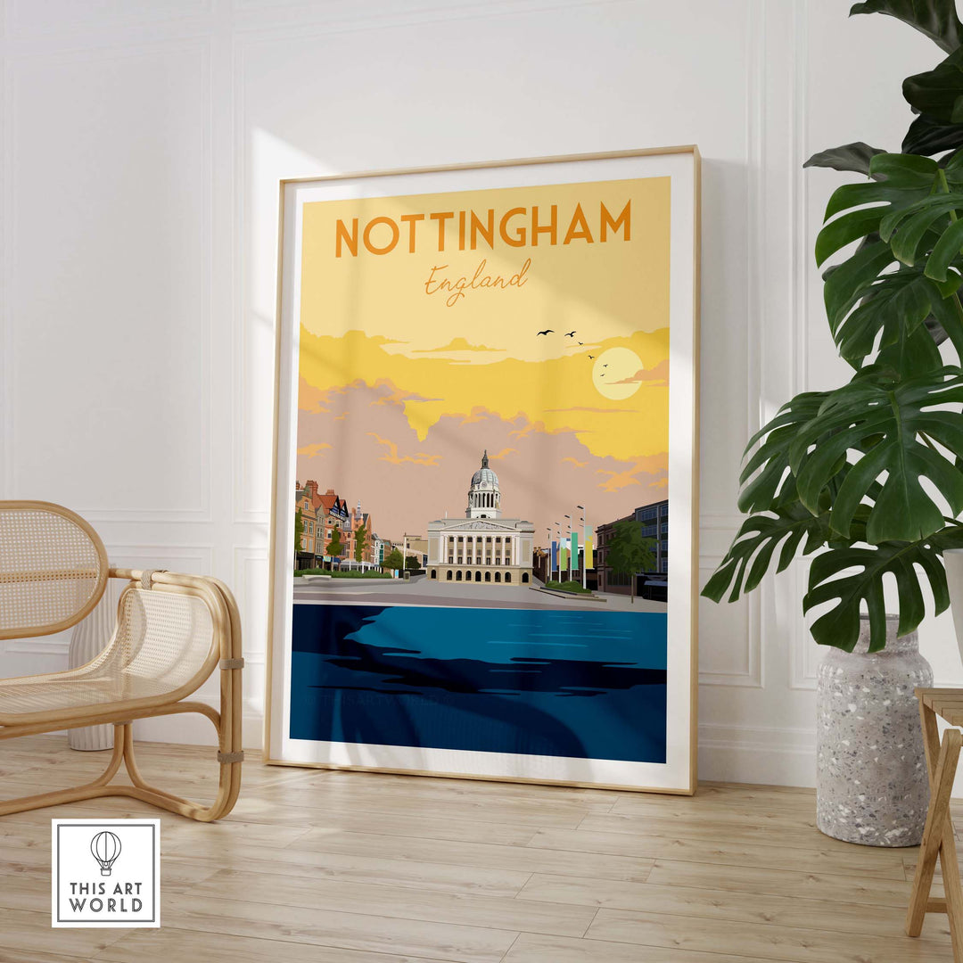 Nottingham Print England Poster showcasing vintage travel art in a stylish home setting.