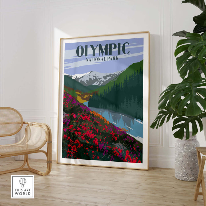 Olympic National Park Poster featuring vibrant flowers and mountains, perfect for travel and nature enthusiasts.