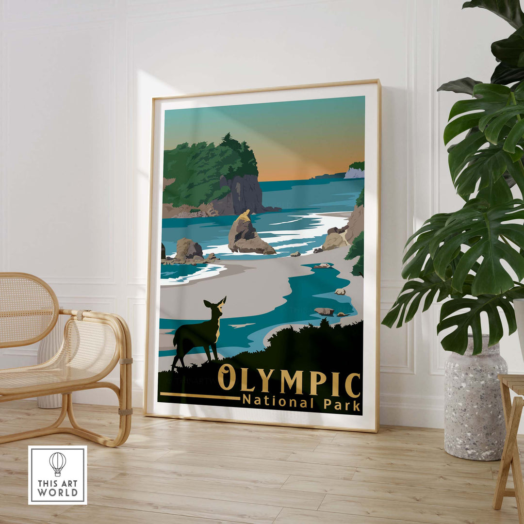 Vintage Olympic National Park print featuring serene landscape and deer, perfect for travel art lovers.