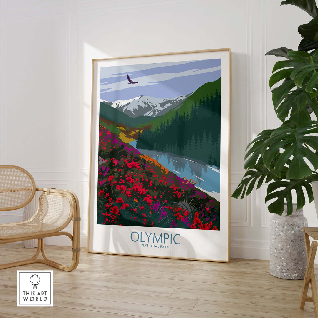 Olympic National Park poster in a minimalistic style, featuring mountains and vibrant flowers, displaying wanderlust and nature.