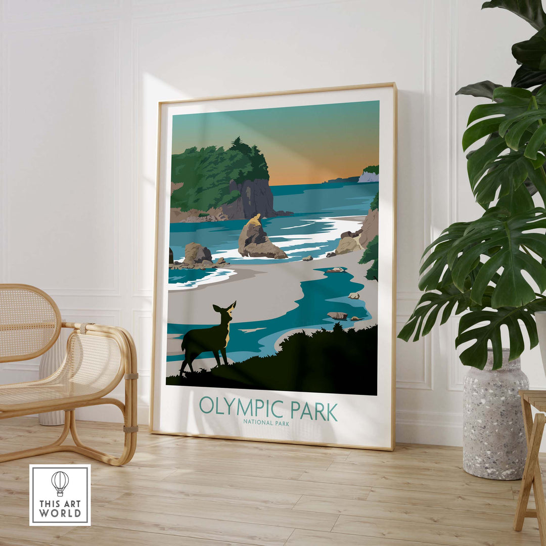 Olympic National Park wall art showcasing a scenic coastal view and deer silhouette in a minimalist style.