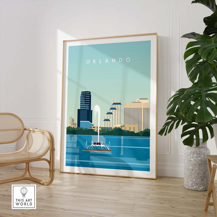 Orlando travel poster print featuring a minimalist design of the city skyline and water, perfect wall art for home or office.