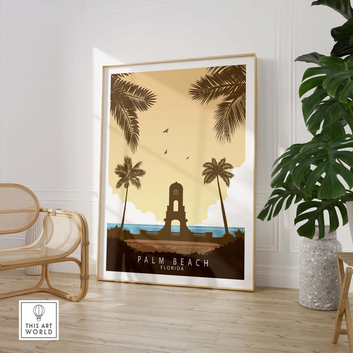 Palm Beach Florida vintage travel poster print with palm trees in minimalist style, framed in a stylish interior.