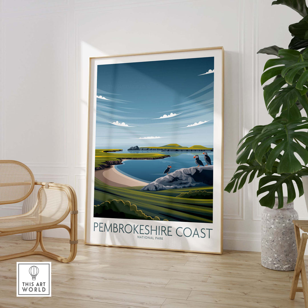Framed Pembrokeshire Coast National Park print showcasing serene landscapes and vibrant colors in a stylish interior setting.