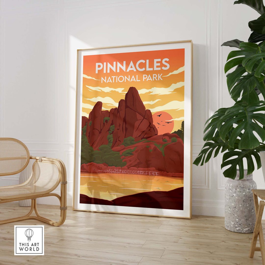 Minimalist Pinnacles National Park poster framed, showcasing vibrant colors and nature-inspired design in a stylish interior.