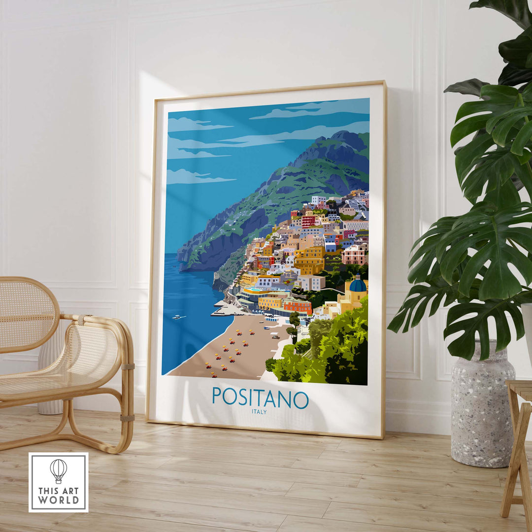 Positano Print Travel Poster showcasing vibrant Amalfi Coast scene, suitable for home or office decor.