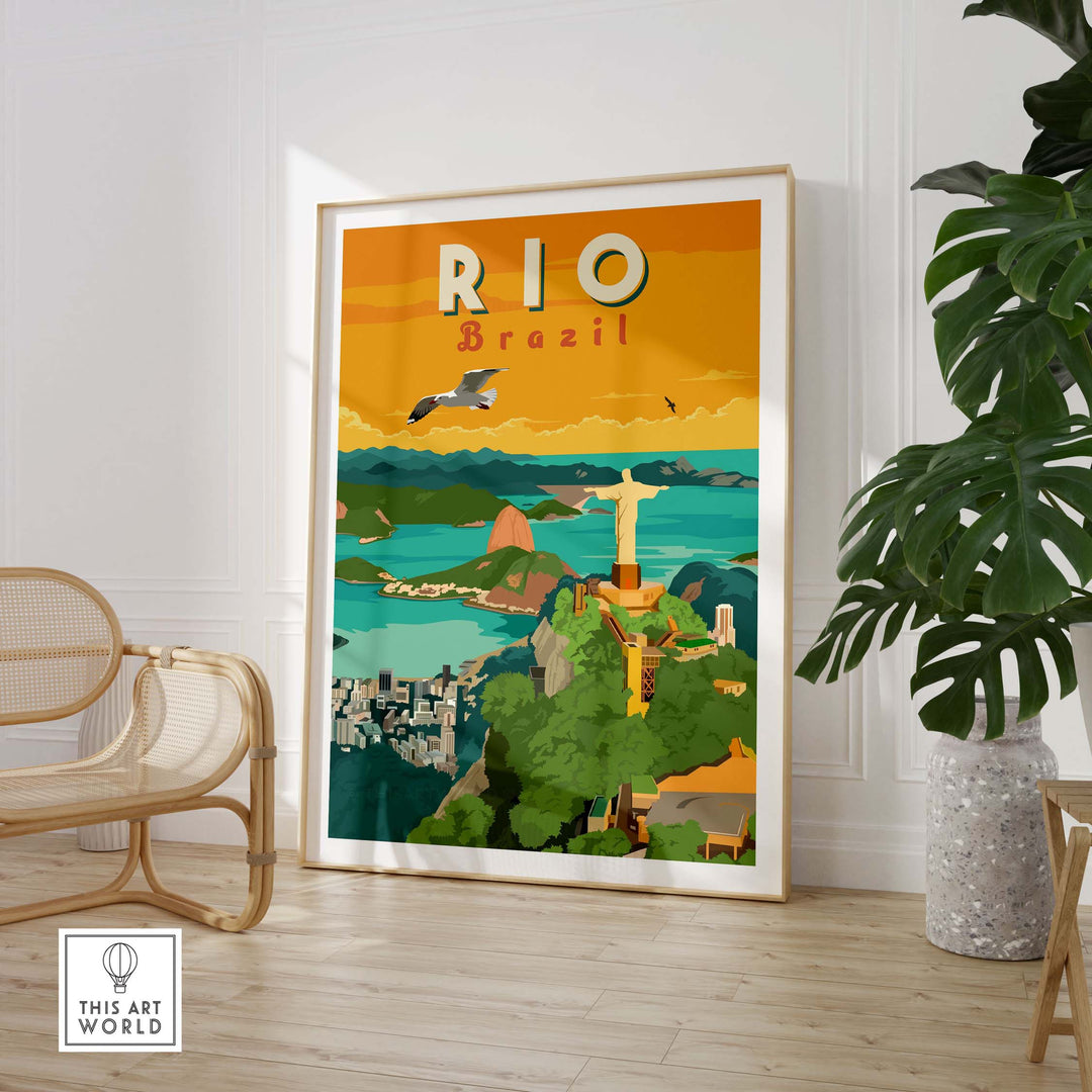 Rio Brazil wall art print showcasing iconic landmarks in a colorful, minimalist design for home decor.