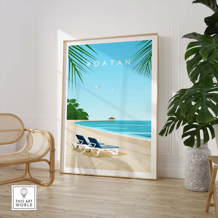 Roatan art print featuring a serene beach and palm trees, perfect for home or office decor.