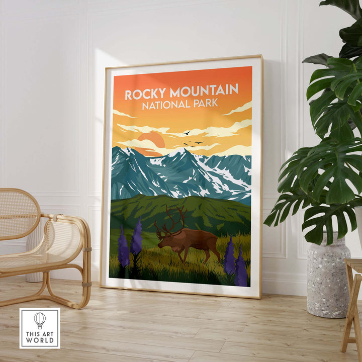Rocky Mountain National Park print featuring mountains and wildlife, perfect for stylish home or office decor.