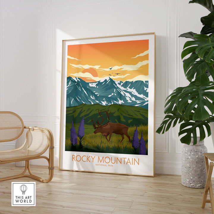 Rocky Mountain National Park poster art print featuring a vibrant sunset and wildlife in a stylish room setting.