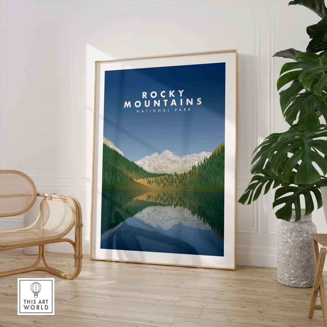 Framed Rocky Mountains National Park art print featuring mountains and lake reflection in a stylish interior.