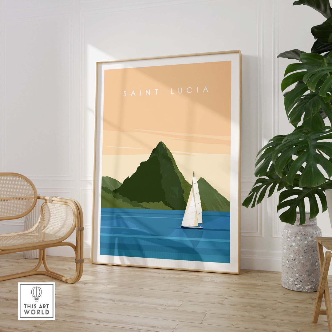 Saint Lucia wall art print featuring a minimalist design with mountains and a sailboat in a stylish interior.