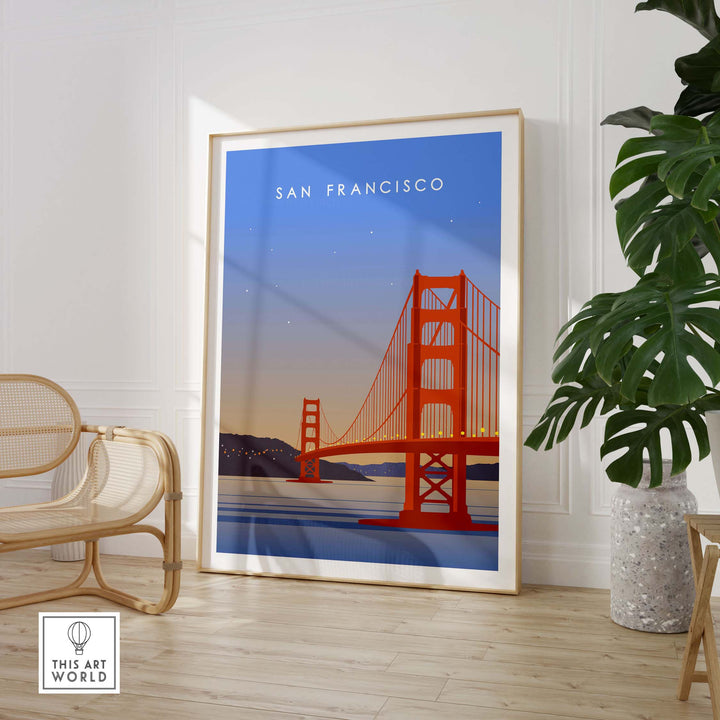 San Francisco print wall art poster featuring the Golden Gate Bridge in a stylish interior setting.