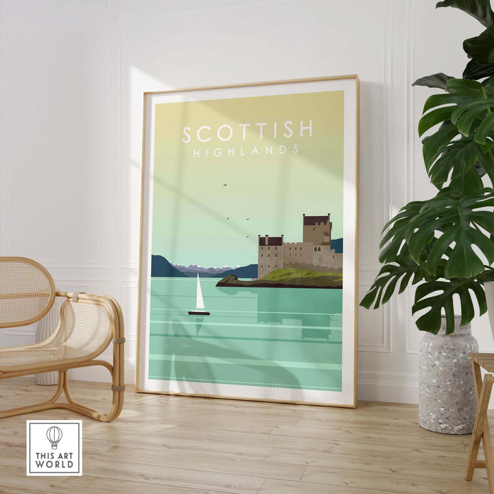 Scottish Highlands wall art poster featuring a serene landscape and vintage-style design in a modern interior setting.