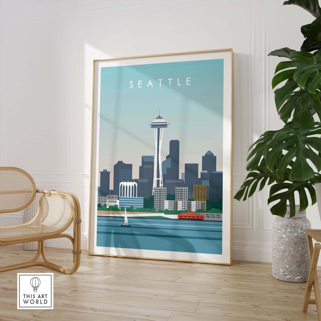 Seattle Print Wall Art Poster featuring the iconic Space Needle and city skyline in a stylish frame.