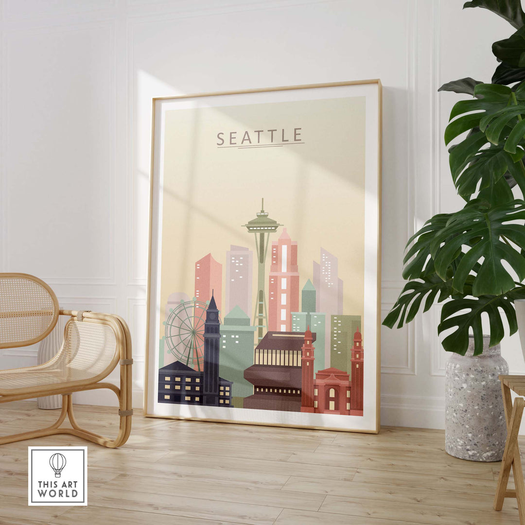 Seattle city skyline print showcasing iconic landmarks in warm pastel tones, perfect for wall art decor.