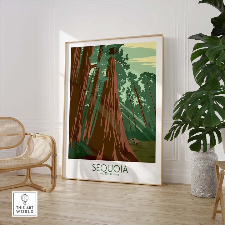 Sequoia National Park poster print showcasing vintage-inspired artwork of towering trees in a stylish home setting.