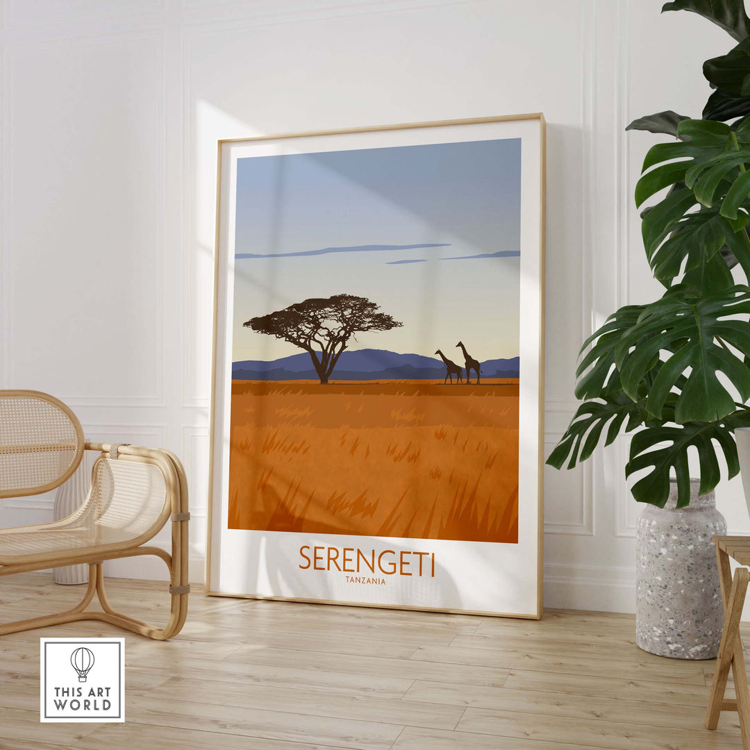 Serengeti National Park Poster Print showcasing giraffes against a vibrant landscape, framed in a stylish interior.