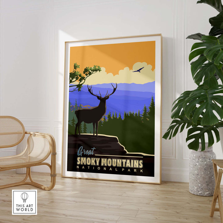 Great Smoky Mountains National Park poster featuring a stag and colorful mountains, perfect for home or office decor.
