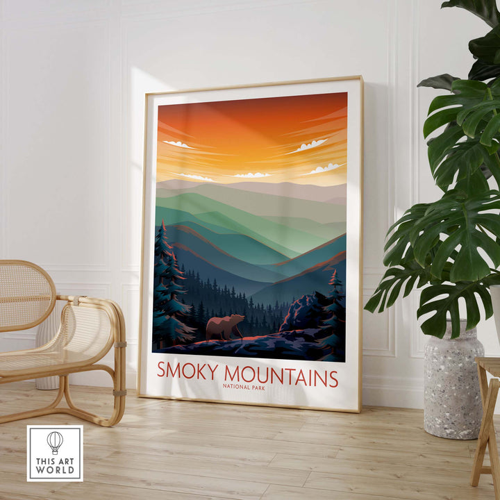 Smoky Mountains National Park poster featuring a bear in a vibrant sunset landscape, perfect for home decor.