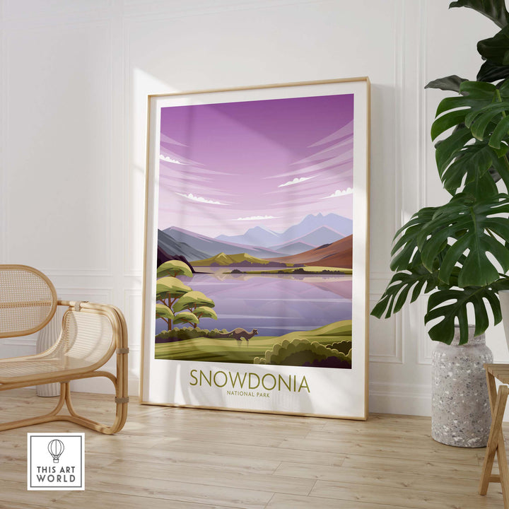 Snowdonia National Park poster featuring minimalist nature art with a picturesque landscape in vibrant colors.