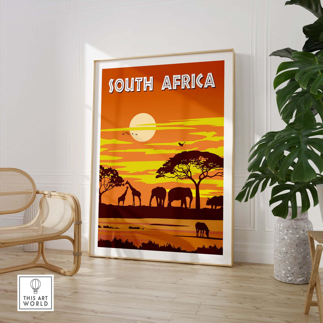 South Africa poster featuring elephants and sunset, perfect for travel lovers and minimalist home décor.