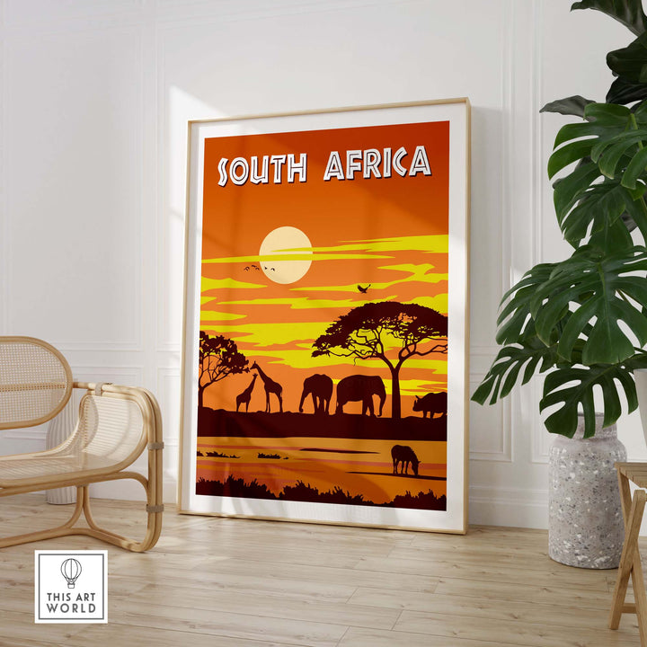South Africa poster featuring elephants and sunset, perfect for travel lovers and minimalist home décor.